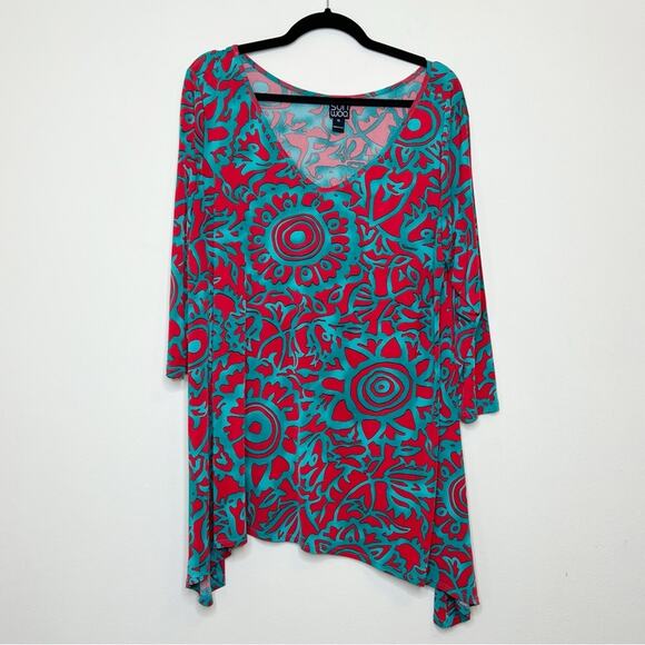 Clara Sunwoo Patterned Tunic Top Turquoise Red Size XL - Picture 8 of 8